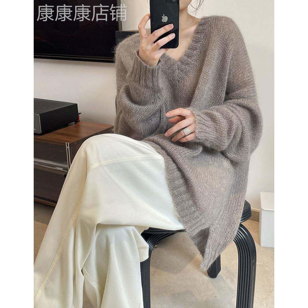 毛衣女春秋2026新款韩版宽松套头洋派慵懒风V领中长版针织衫上衣