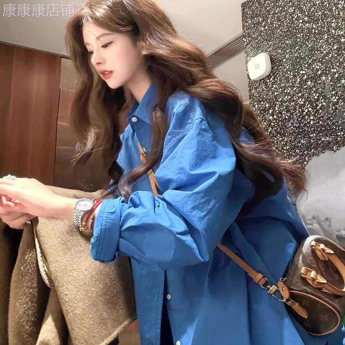 蓝色衬衫外套女春秋薄款2026新款韩版高级感宽松气质慵懒衬衣上衣
