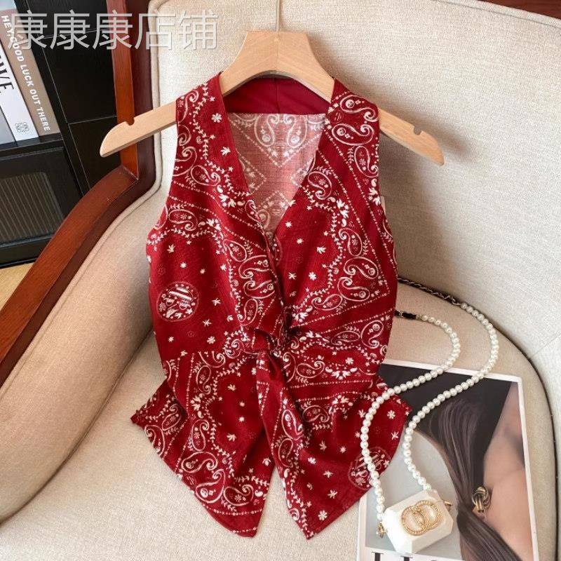 港风覆古无袖花衬衫女夏季新款修身收腰红色碎花扭结V领背心上衣