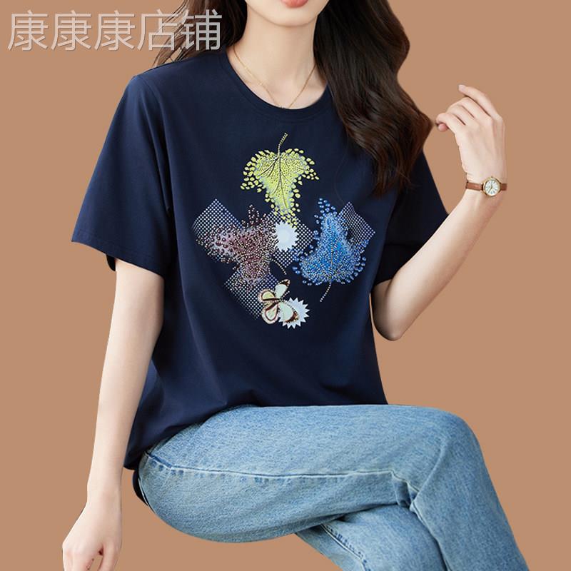 中年妈妈圆领烫钻印花短袖T恤女士2026夏季新款宽松大尺码休闲上