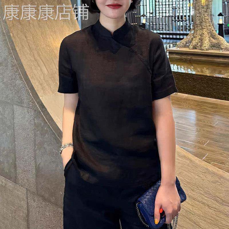 黑色衬衫女短袖夏季薄款2026新款大尺码新中式国风改良旗袍小衫上