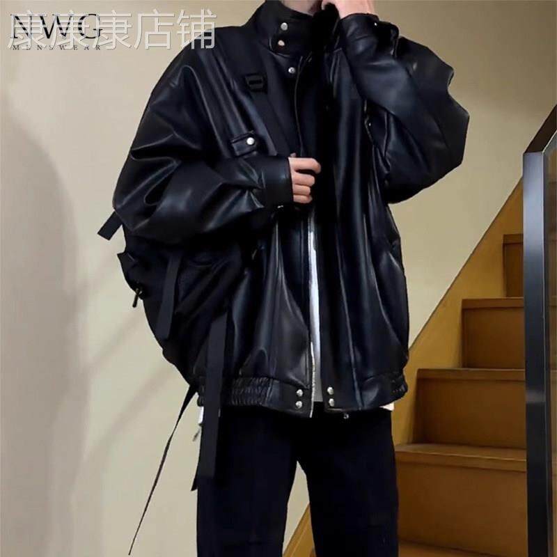 黑色立领皮衣外套男潮牌春秋季新款高级感宽松飞行员夹克休闲上衣