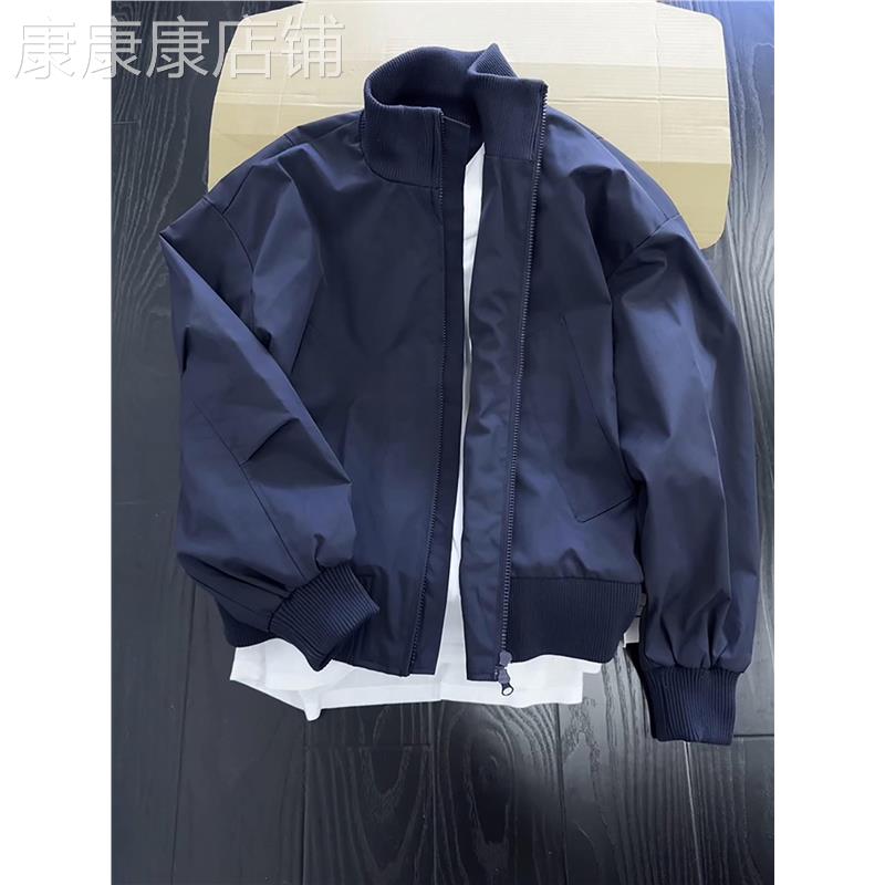 潮牌美式cleanfit藏青色立领短款夹克男士秋季潮流复古棒球服外套