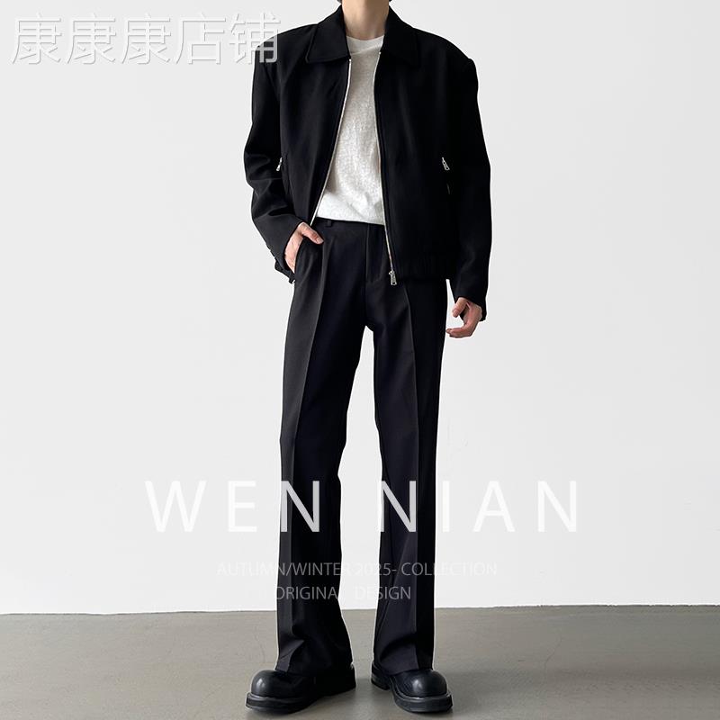 韩国WEN NIAN黑色直筒微喇西裤男款2026秋季垂坠感休闲通勤西装裤