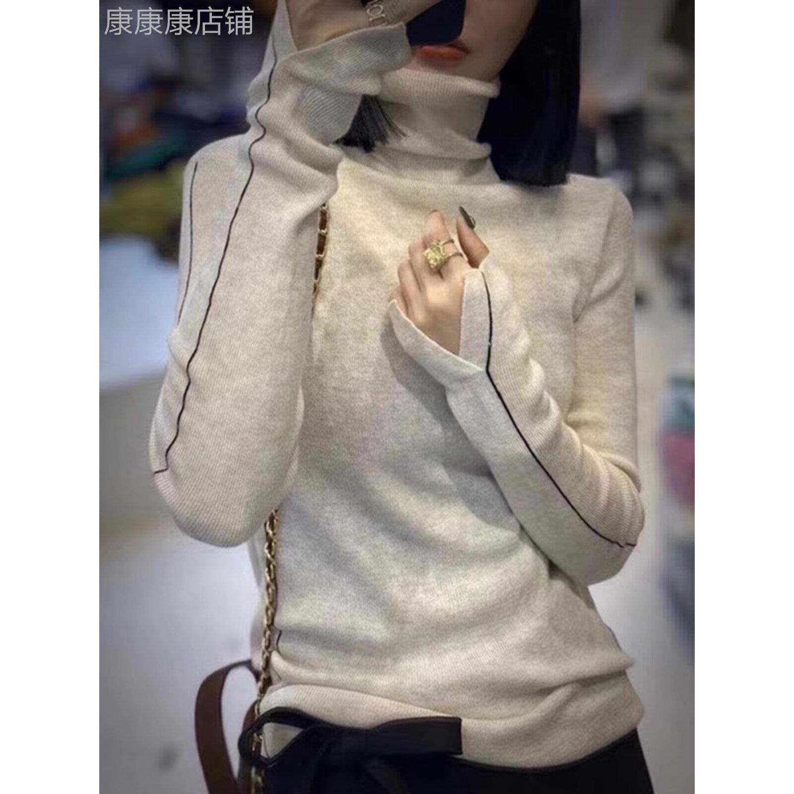 欧货白色堆堆领针织衫女春秋设计感洋气显瘦上衣高领内搭打底毛衣