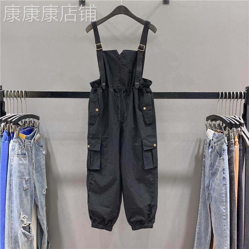 潮牌时尚工装背带裤女春秋薄款减龄收腰抽绳宽松休闲束脚哈伦裤子