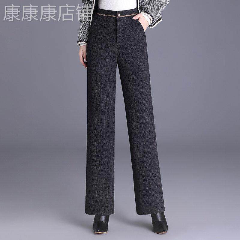 毛呢休闲阔腿裤女2026年秋冬季新款加绒加厚高腰后松紧直筒裤子