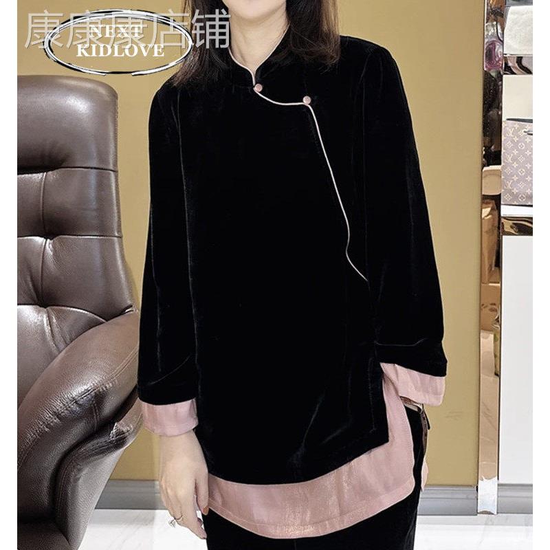 香港春秋爆款新中式假两件丝绒衬衫女拼接黑色打底衫中长版上衣潮