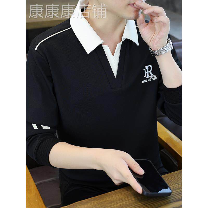 2025秋季新款假两件卫衣男款宽松休闲长袖POLO衫拼接打底衫上衣服