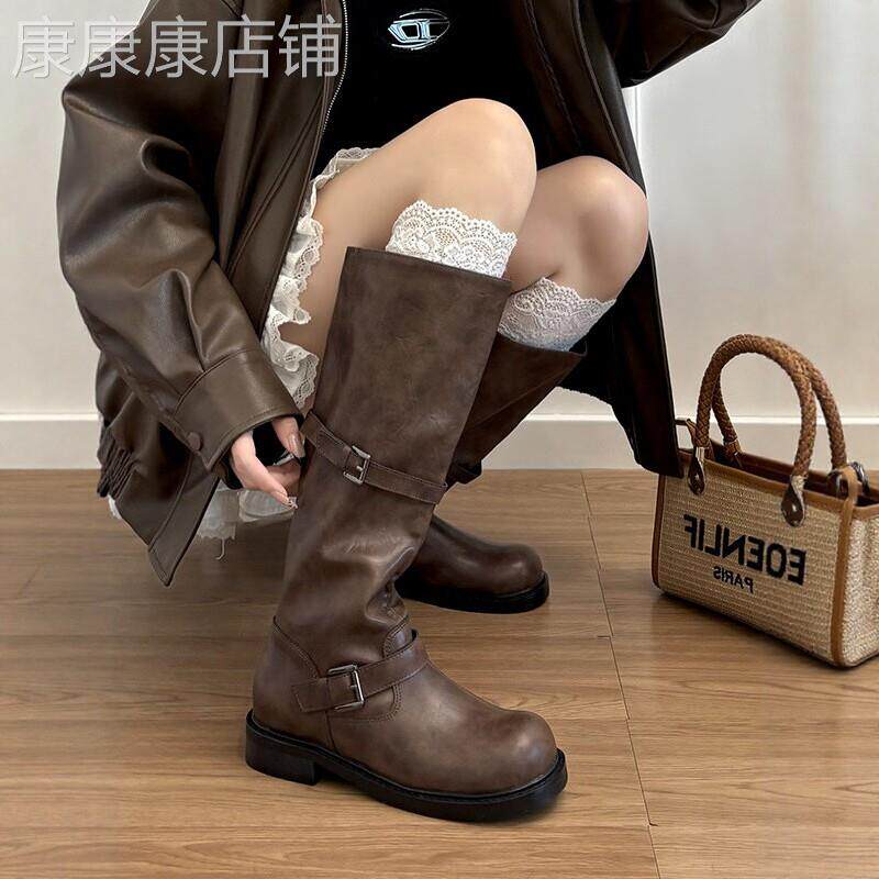 香港潮牌厚底圆头复古皮带扣擦色长筒靴女秋冬欧美中高筒靴骑行靴
