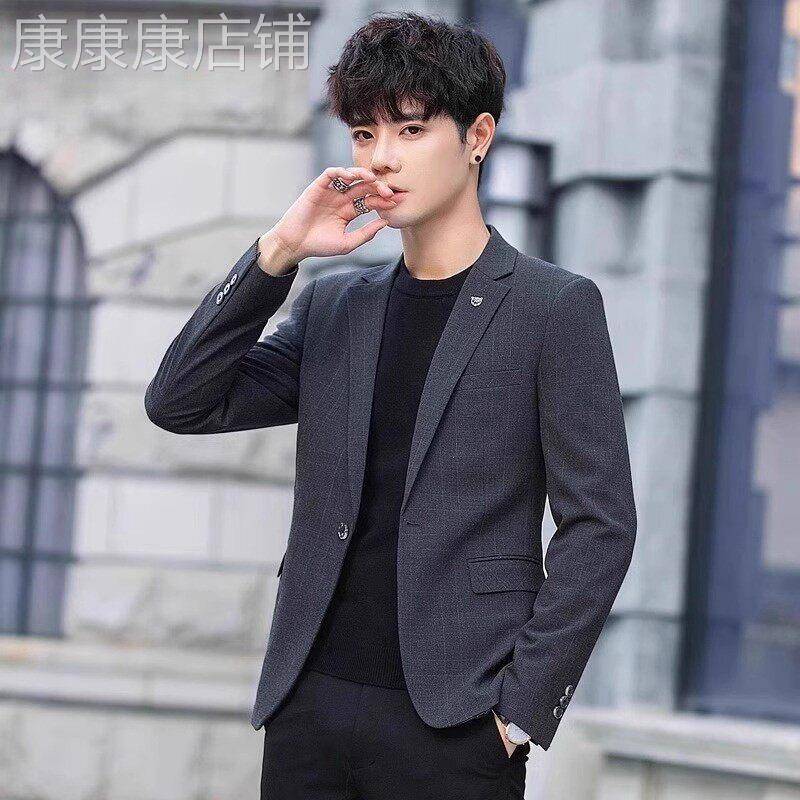 MK格子西装外套男春秋季2026新款潮流修身痞帅休闲西服男士单西