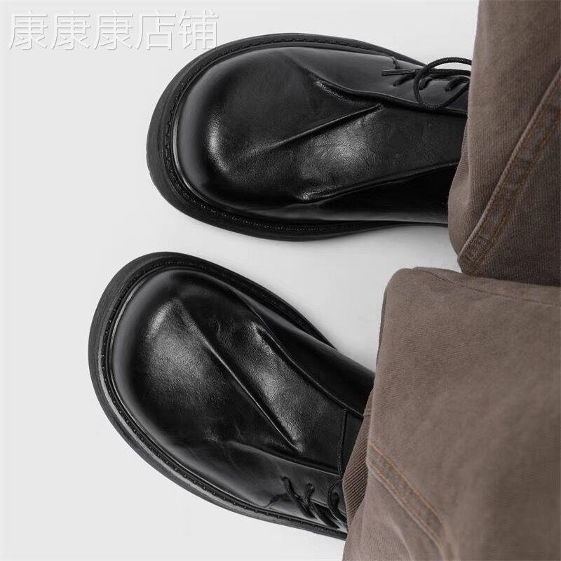 【高品质】褶皱翘头德比鞋黑色大头皮鞋男高级感情侣增高通勤鞋子