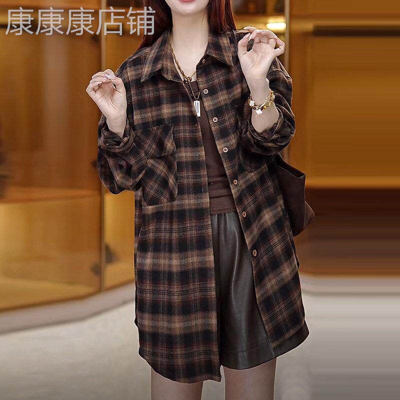 拼色格子衬衫女春秋2026新款宽松显瘦中长版时尚衬衣休闲减龄上衣