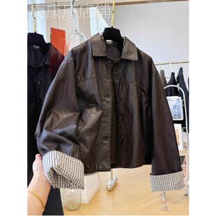 咖色翻领pu皮衣外套女秋冬欧货宽松休闲排扣格子拼接短款夹克上衣