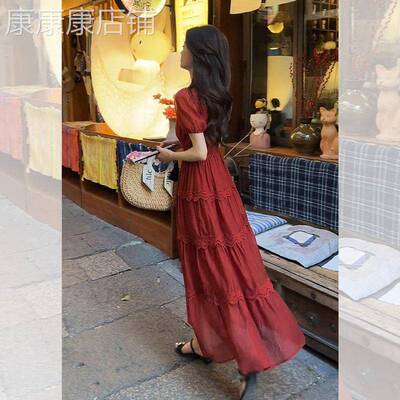 法式新年战袍红色连衣裙女2025秋季新款高级感超好看泡泡袖长裙子