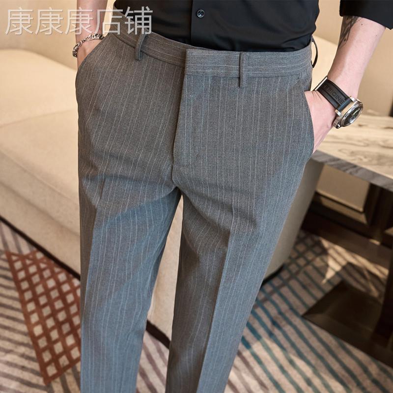 欧洲站春秋款男士韩版条纹修身西裤大码九分裤显瘦长裤发型师裤子