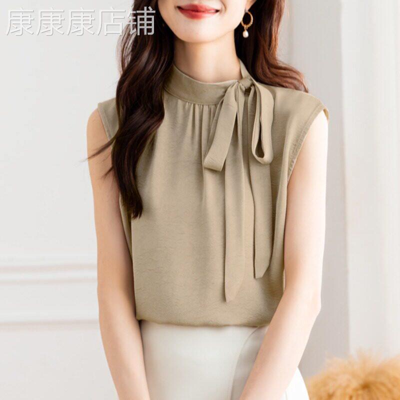 高级感立领系带无袖衬衫女夏设计感小众显瘦雪纺衬衫别致减龄上衣