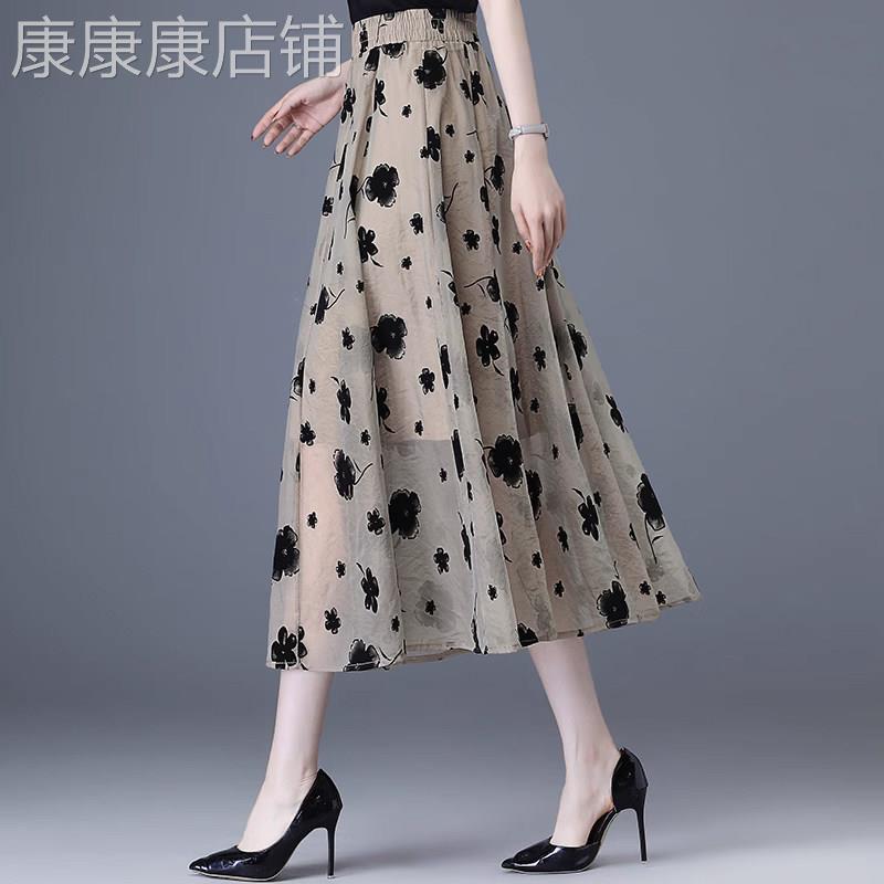 网纱裙半身裙女夏季薄款高腰显瘦洋派中长版大摆a字百褶碎花裙子