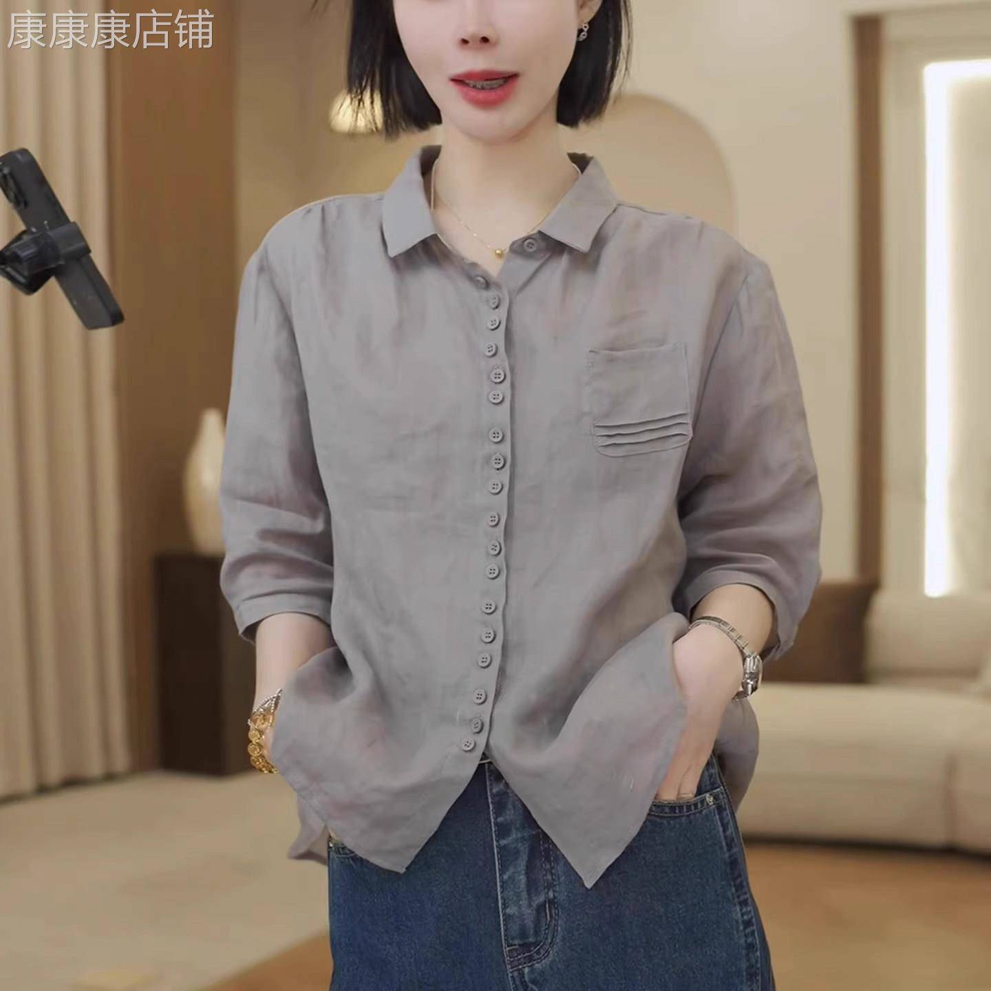 灰色棉麻衬衫女短袖夏季薄款2026新款大尺码高级感减龄洋派小衫上