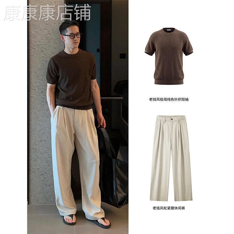老钱风彷亚麻套装男夏季薄款潮牌修身圆领短袖长裤男装穿搭一整套