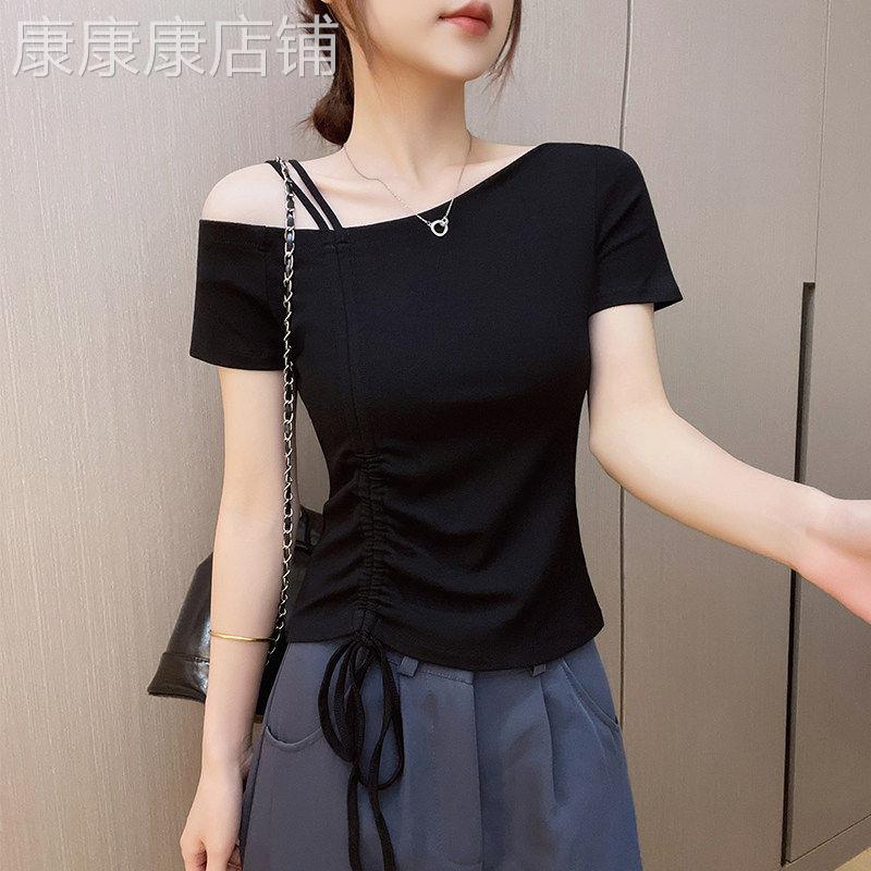 斜肩吊带短袖女t恤夏季新款性感收腰抽绳设计感修身黑色洋气上衣