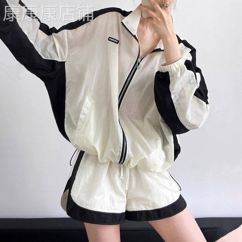 潮牌美式炸街休闲运动服套装女夏季薄款跑步时尚防晒衣短裤两件套