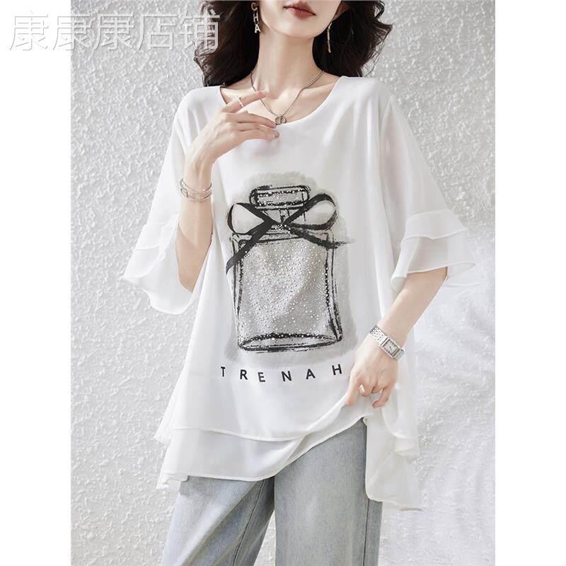 重工烫钻薄款雪纺衫T恤女夏季新款宽松遮肚子显瘦中长款休闲上衣