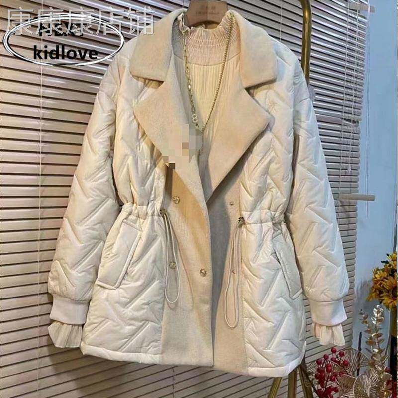 香港胖mm西装领抽绳收腰棉服外套女大码中长款加厚棉袄冬季新款潮