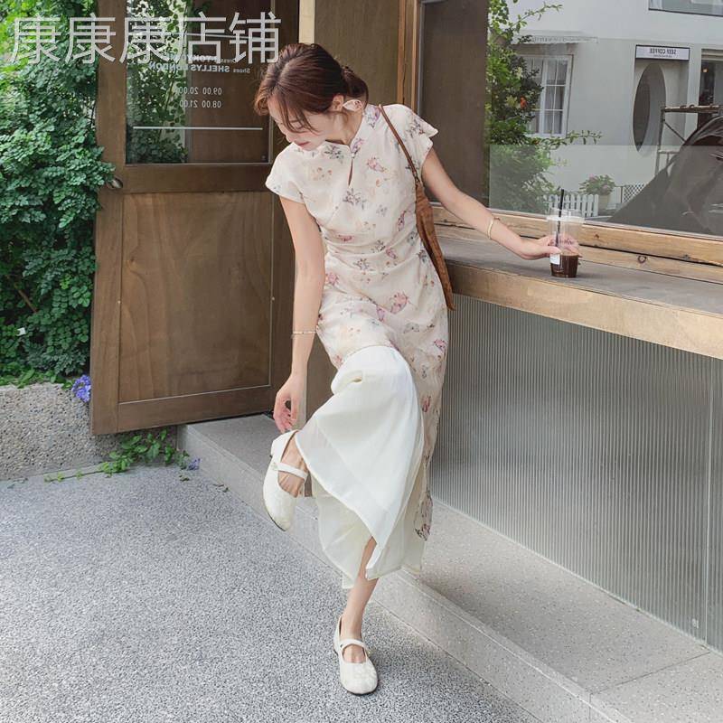 蝴蝶印花新中式洋装女2026夏季新款气质优雅不规则改良旗袍长裙