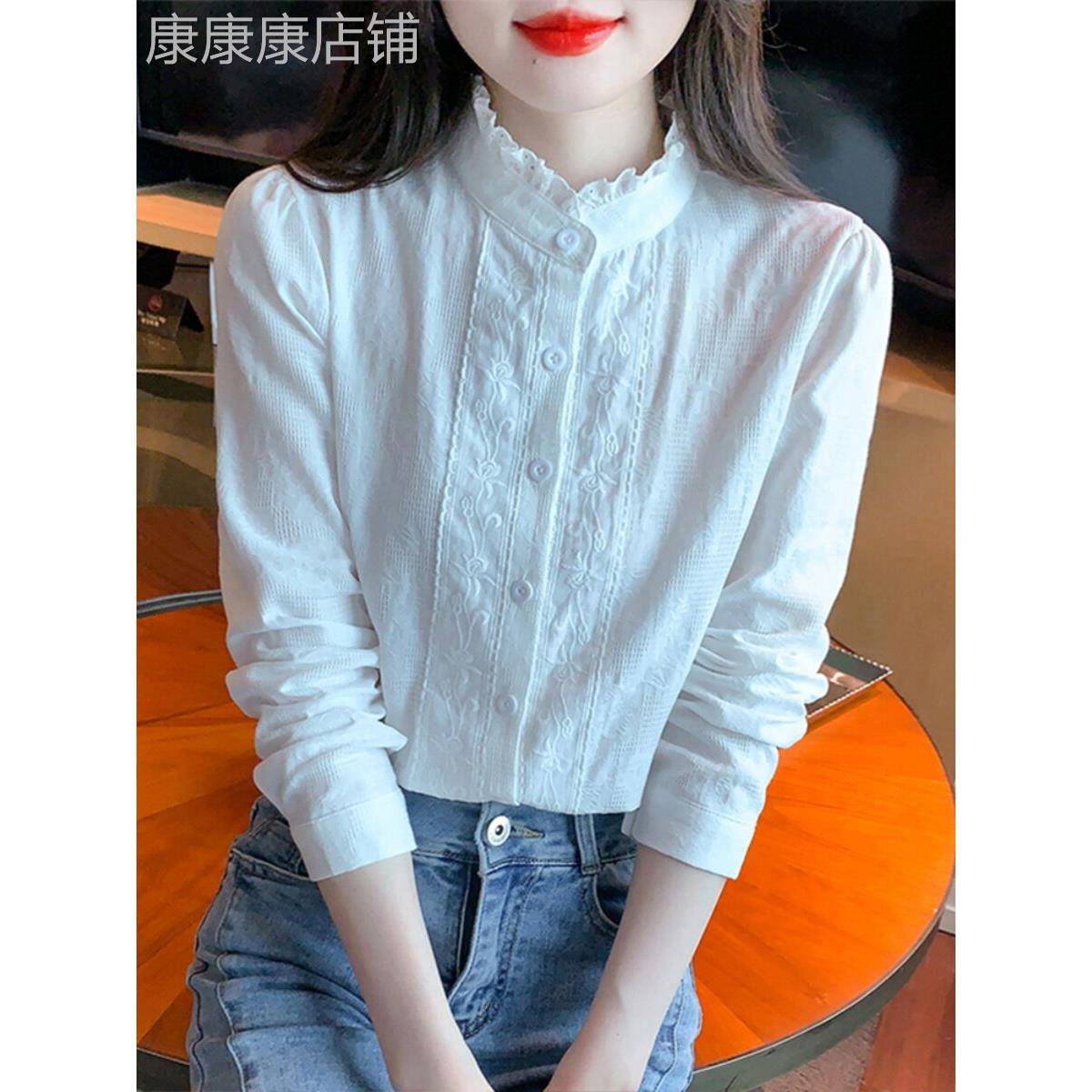 香港Timo立领绣花菌边纯棉衬衫女式春季宽松薄衬衫长袖优雅上衣