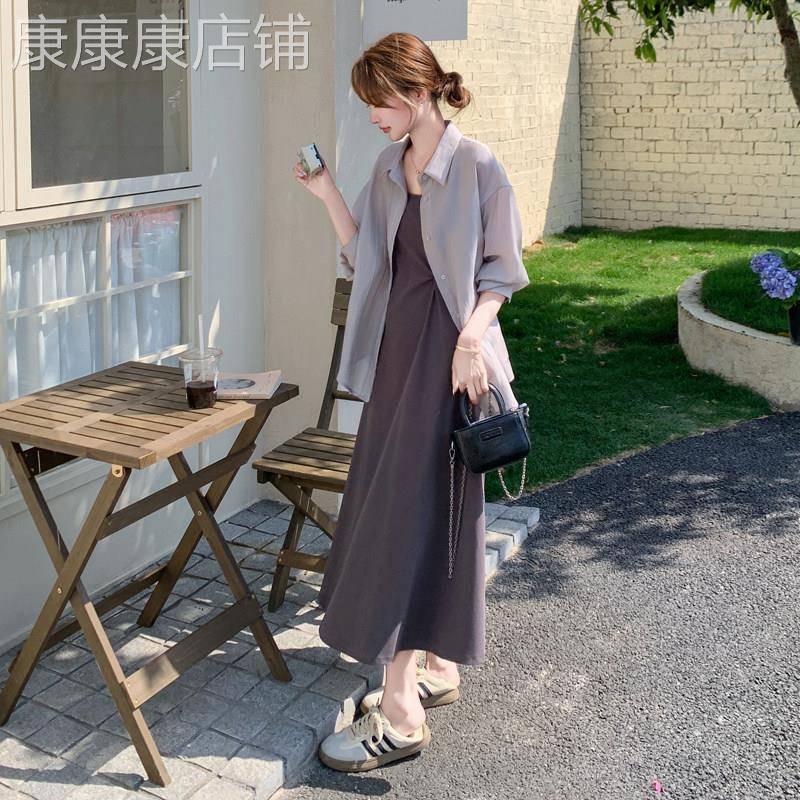 灰色法式慵懒风防晒衬衫吊带连衣裙两件套装2025夏季气质收腰长裙