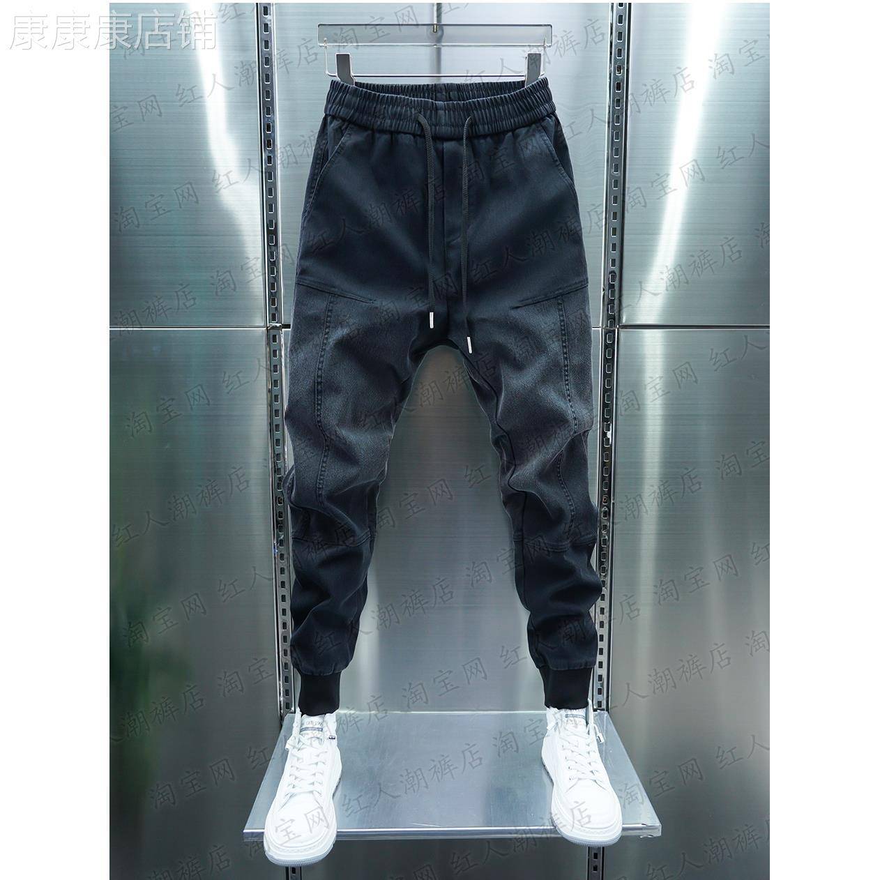 潮牌黑灰色修身烟管裤2026春秋新款渐层色束脚牛仔裤男哈伦休闲裤