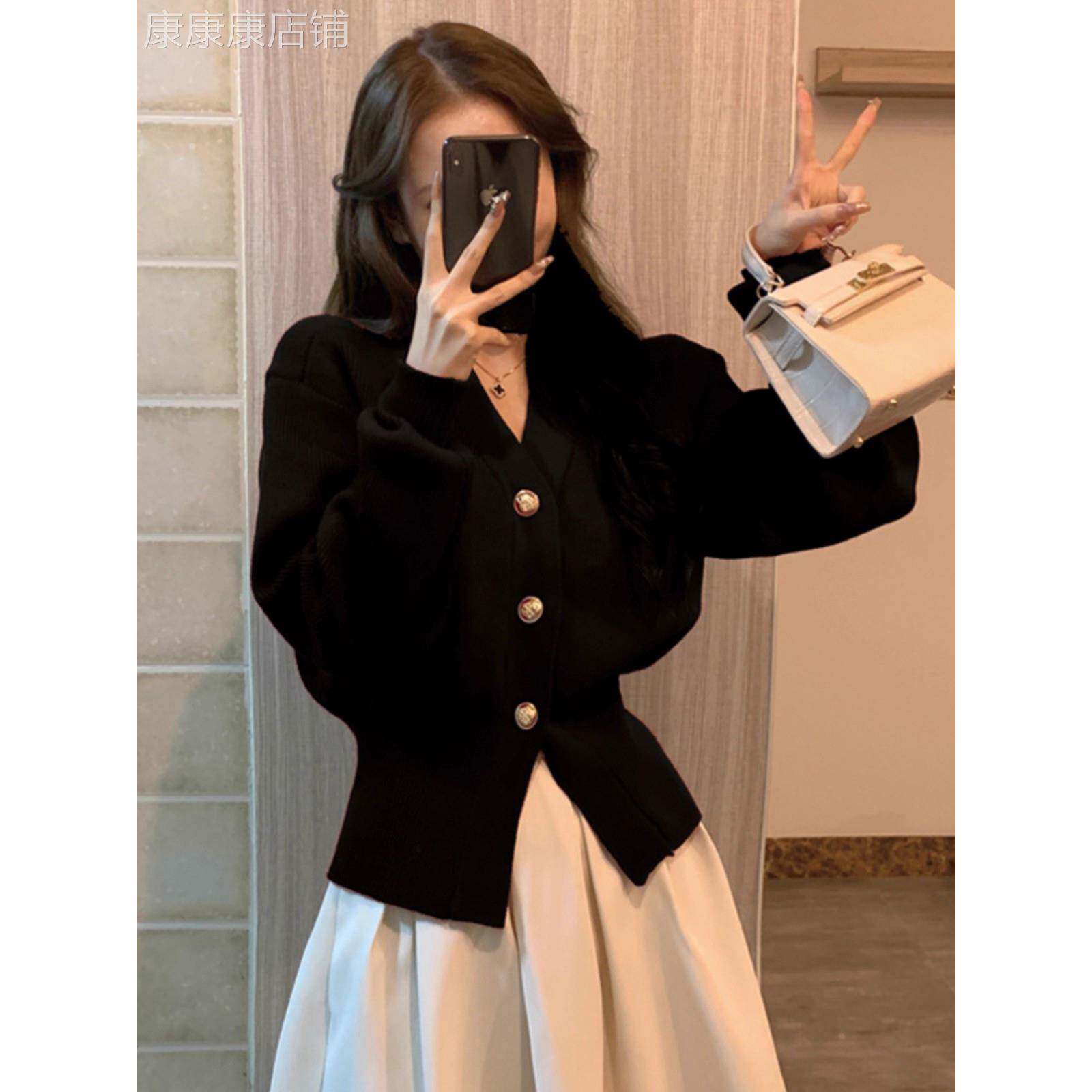 黑色法式小香风V领毛衣开衫女收腰气质秋设计感小众针织外套上衣