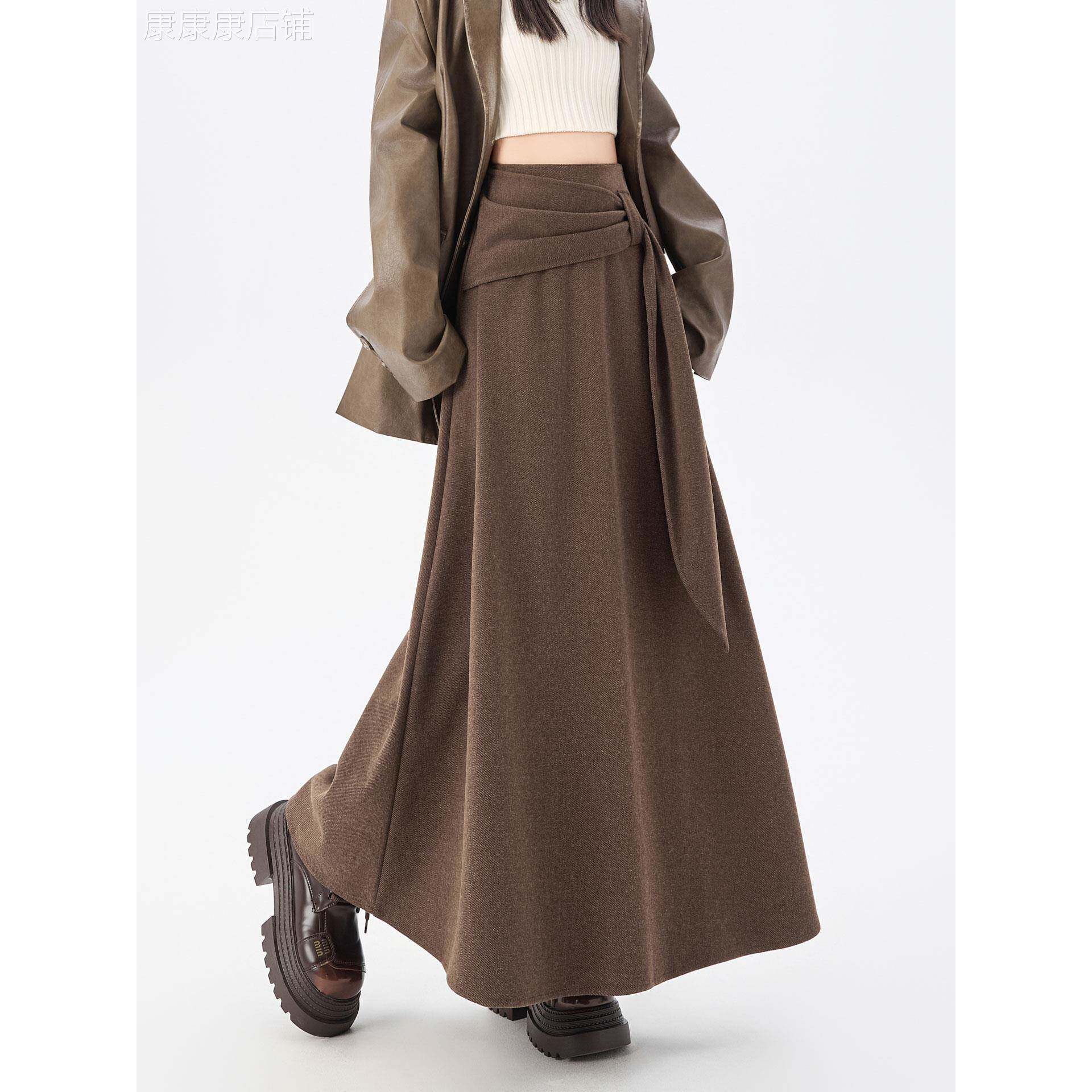 咖色加厚毛呢半身裙女2025年秋冬季新款高腰垂感a字中长款大摆裙