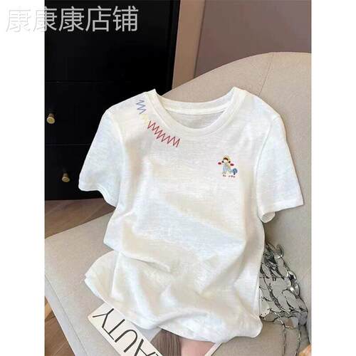 冰丝白色短袖T恤女2026夏季新款薄款洋派减龄印花设计感正肩上衣