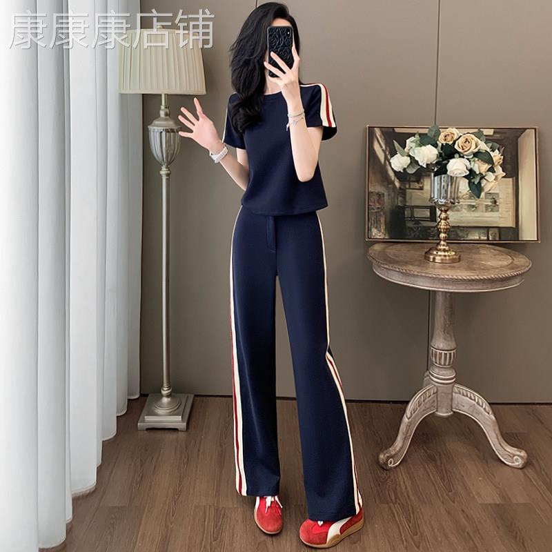 欧洲站运动风时尚休闲套装女2026新款夏季短袖T恤阔腿裤两件套潮