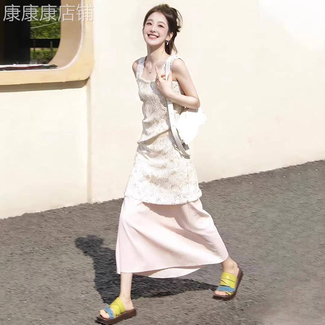 法式气质小香风粉色背心套装裙女2026春季新款挂脖无袖裙子两件套