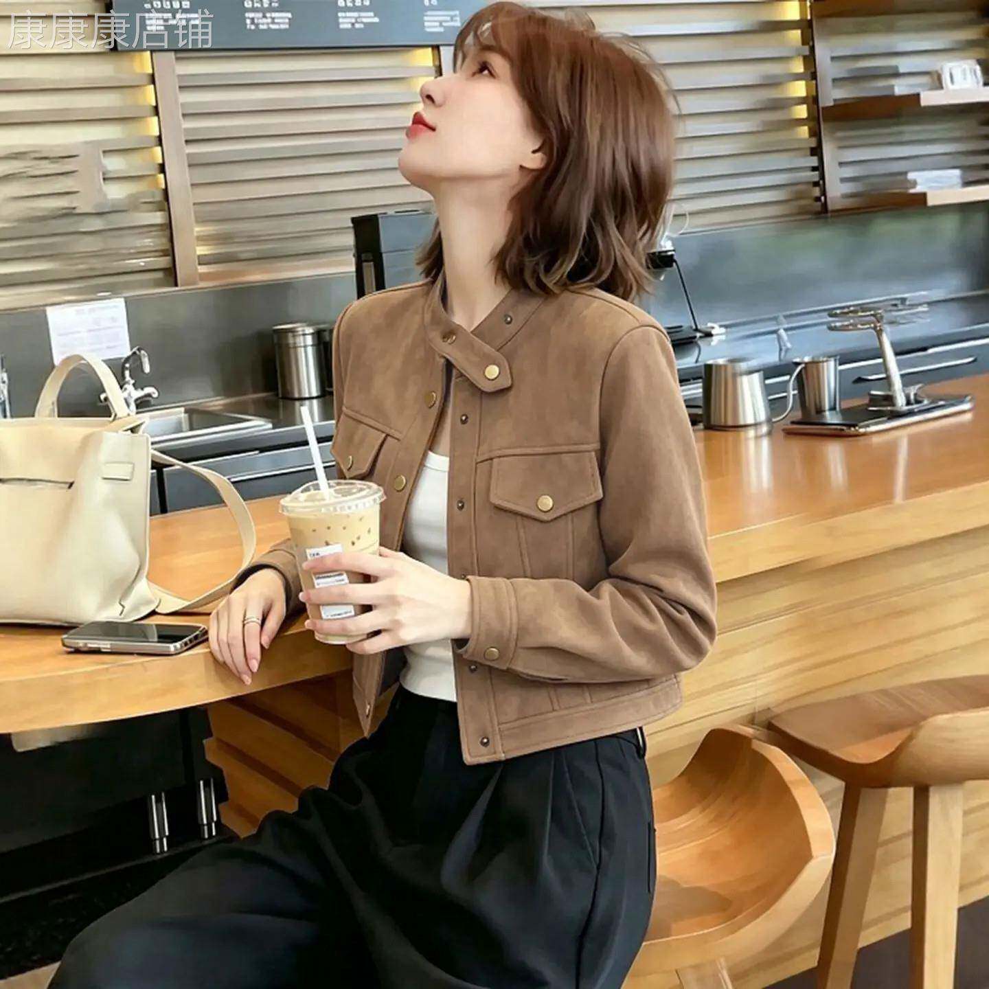 美拉德仿麂皮外套女春秋2026新款小个子显瘦短款工装夹克休闲上衣