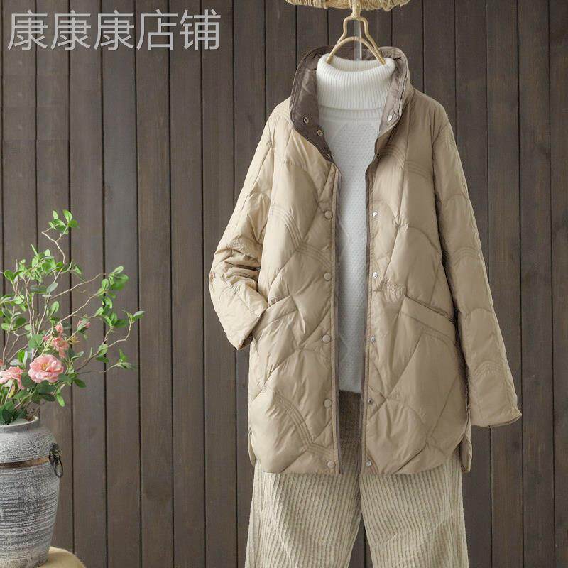 潮牌轻薄羽绒服女中长款2025秋冬新款大码宽松薄款立领白鸭绒外套