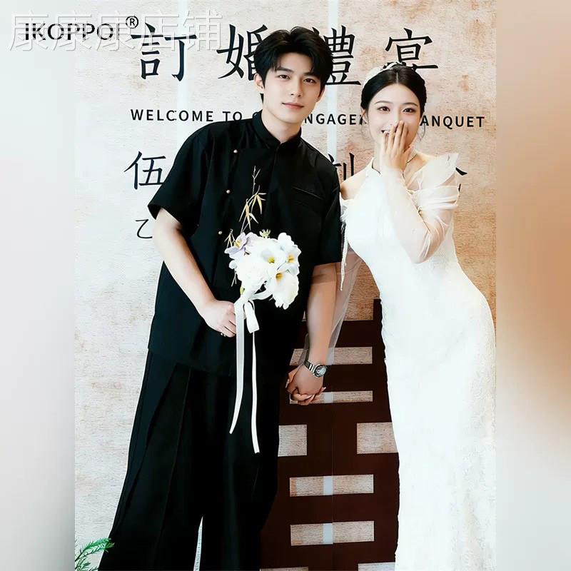 轻奢新中式夏季金竹刺绣立领衬衣男士敬酒服短袖衬衫订婚衣服套装