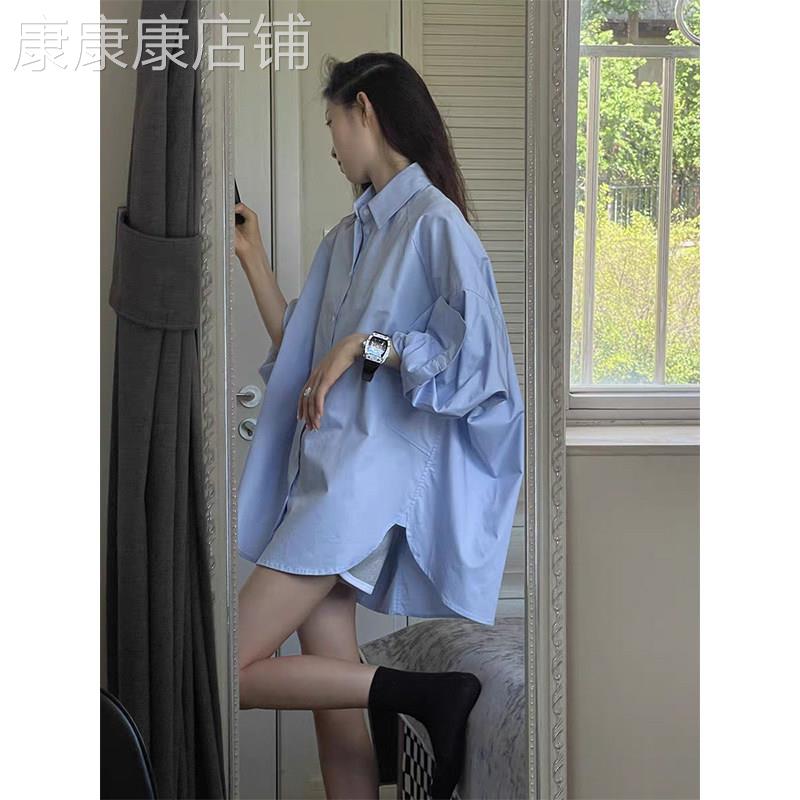 法式蓝色长袖衬衫女夏季2025新款中长版宽松休闲 外套上衣春季显