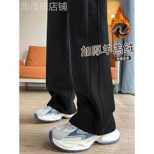 加绒运动裤女款2025新款春秋冬季加厚羊羔绒裤子大码黑色阔腿裤