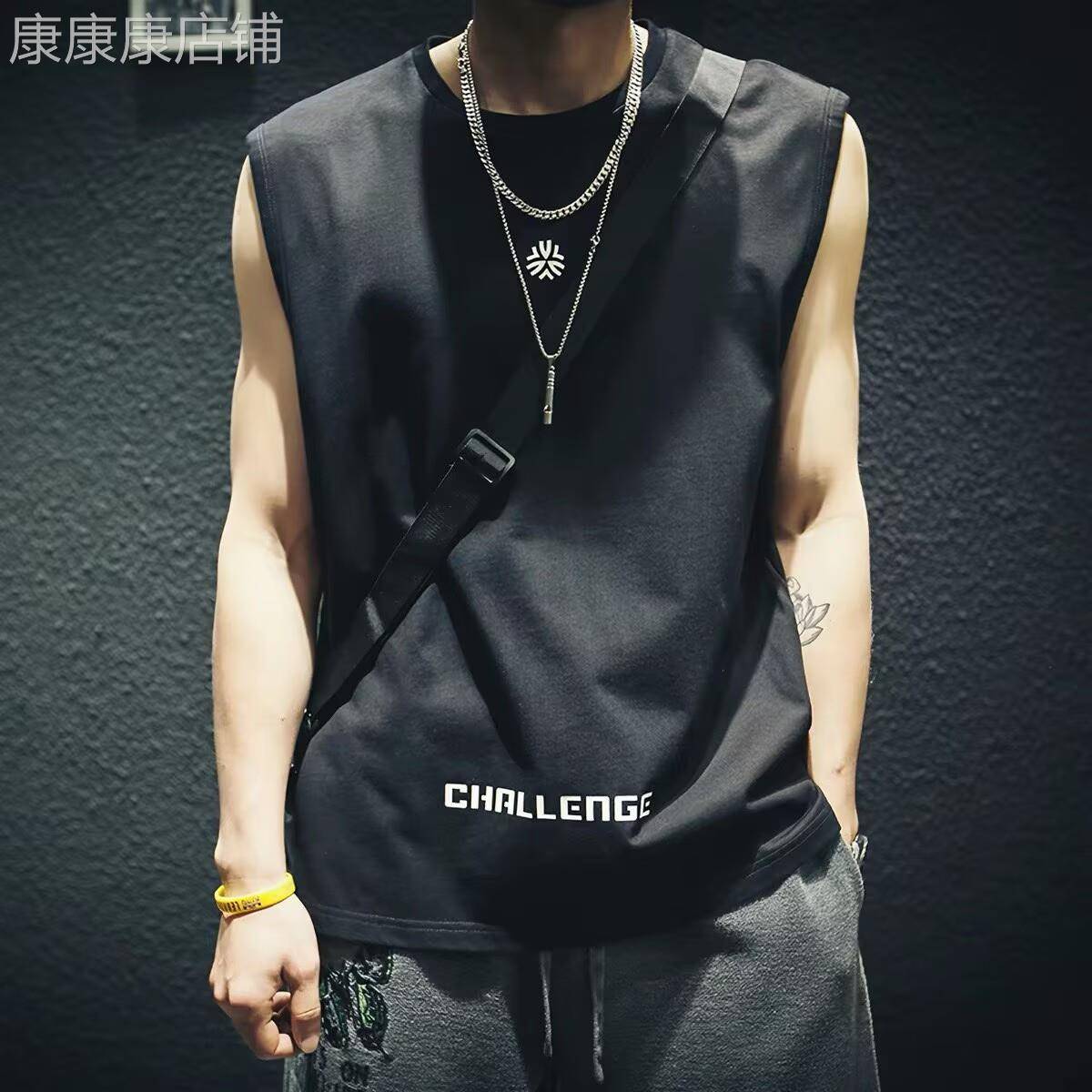 香港潮牌2026夏季纯棉无袖背心男宽松ins休闲坎肩短袖大尺码运动T
