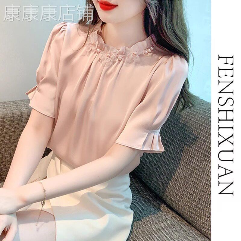 木耳边雪纺衬衫女夏季短袖2026新款时尚抽褶珠炼气质显瘦立领上衣