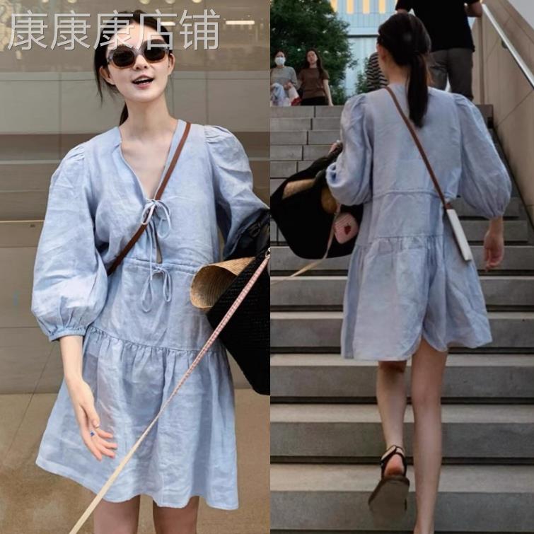 香港it代购韩国春夏荷叶边宽松棉麻蓝色灯笼袖衬衫连衣裙娃娃裙女
