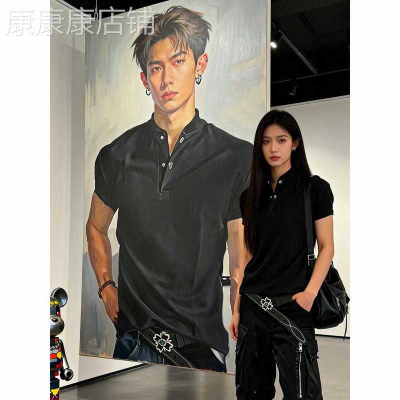 潮牌凉感透气修身短袖polo衫男夏季美式正肩显肩宽修身型薄款上衣