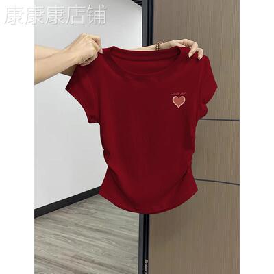 纯棉短袖t恤衫女夏季短款小个子上衣服正肩T恤半袖酒红色打底衫