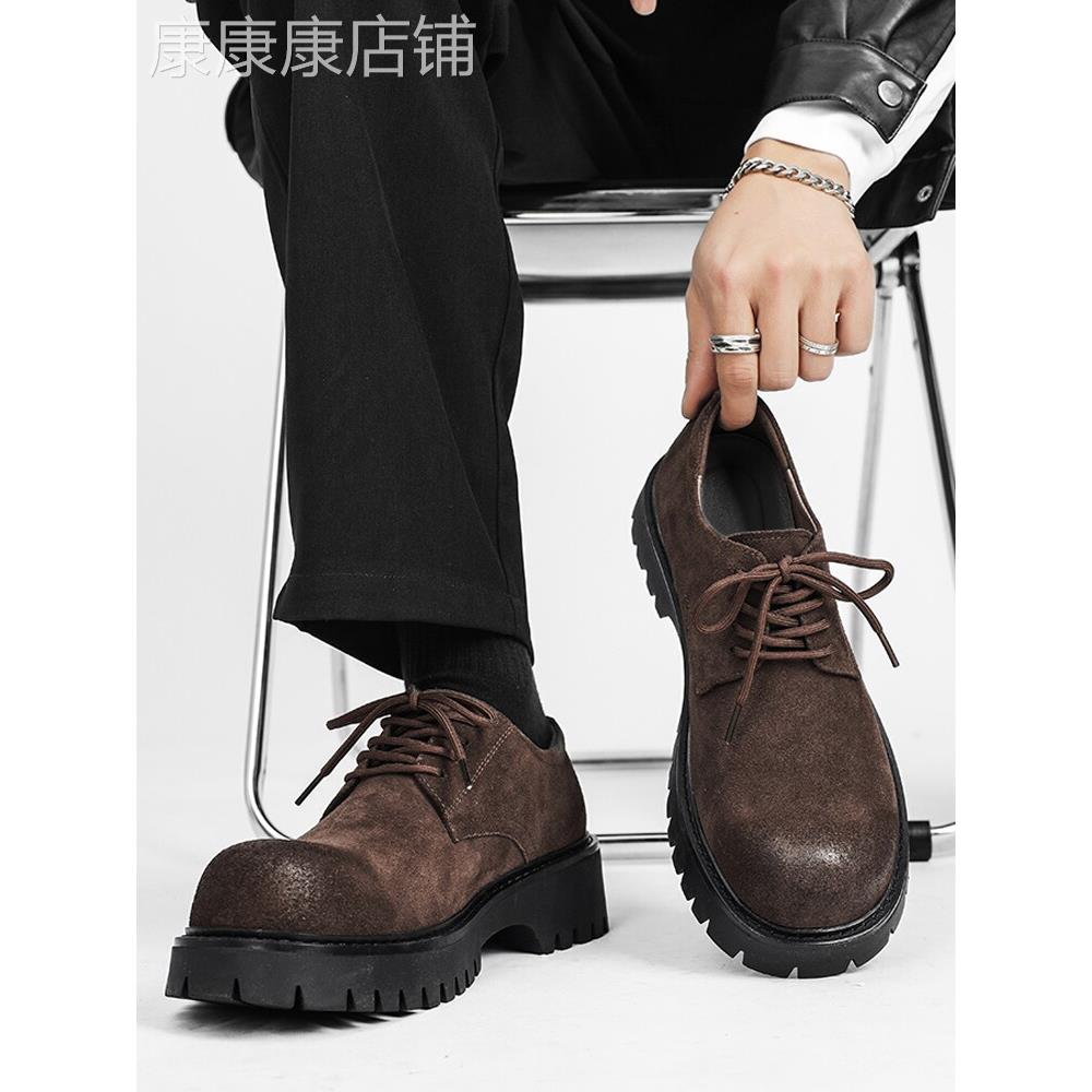 潮牌低帮英伦覆古马丁靴男士春秋增高翻毛皮工装鞋厚底大头德比鞋