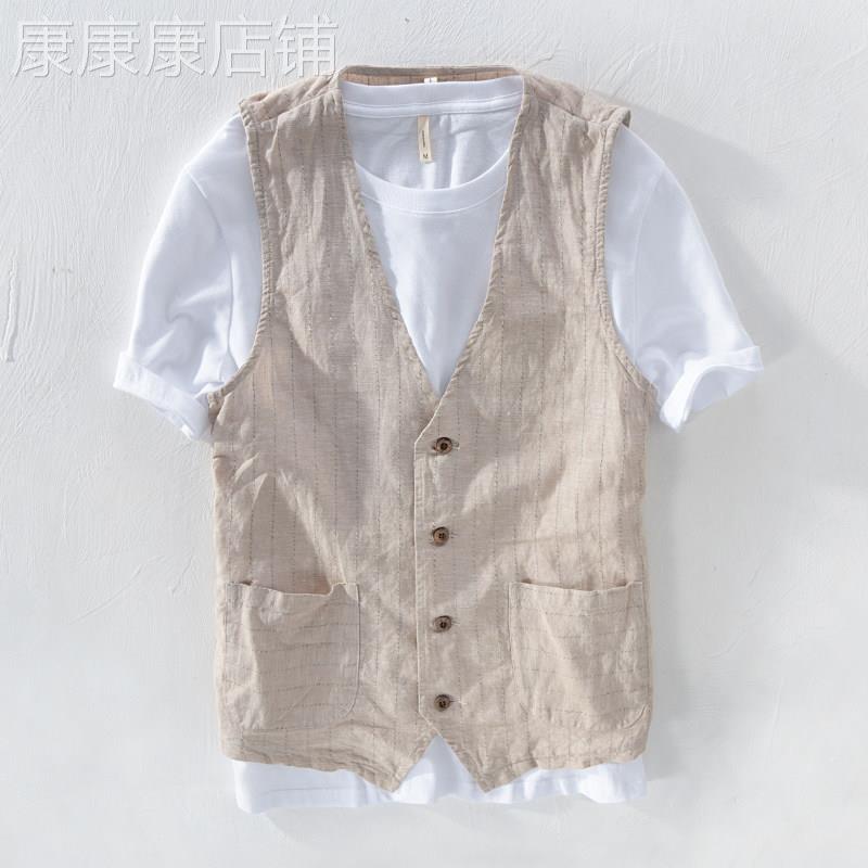 香港夏季亚麻短袖t恤宽松帅气马甲麻布男装棉麻料背心T外穿上衣服