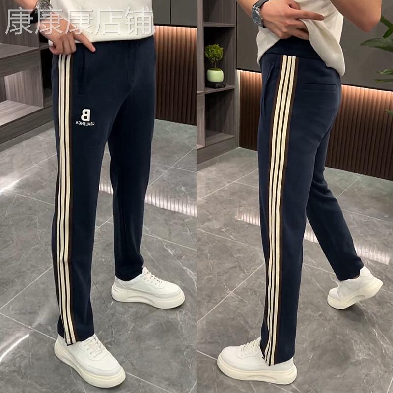 条纹休闲裤男士春秋季潮牌修身弹力窄脚裤潮流百搭拼接直筒长裤子
